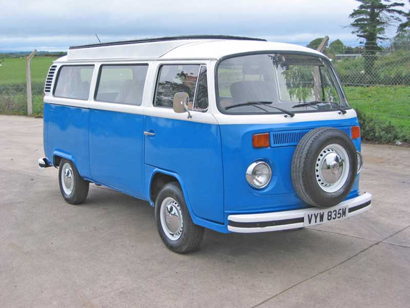 Blue and white VW T2 campervan