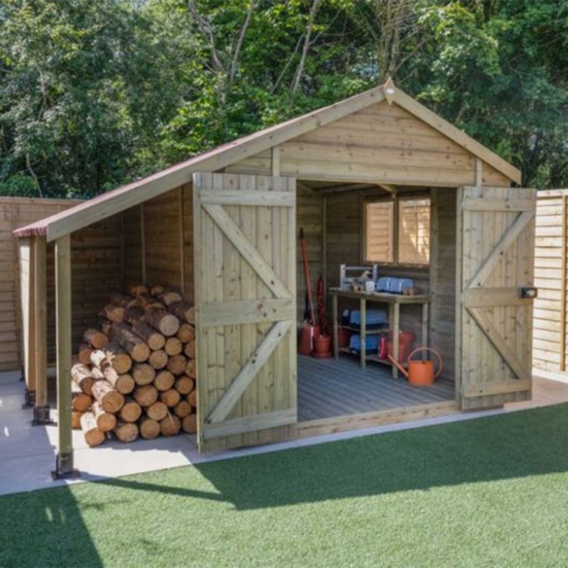Forest Garden Tongue & Groove Pressure Treated Reverse Apex Shed With Double Door & Log Store