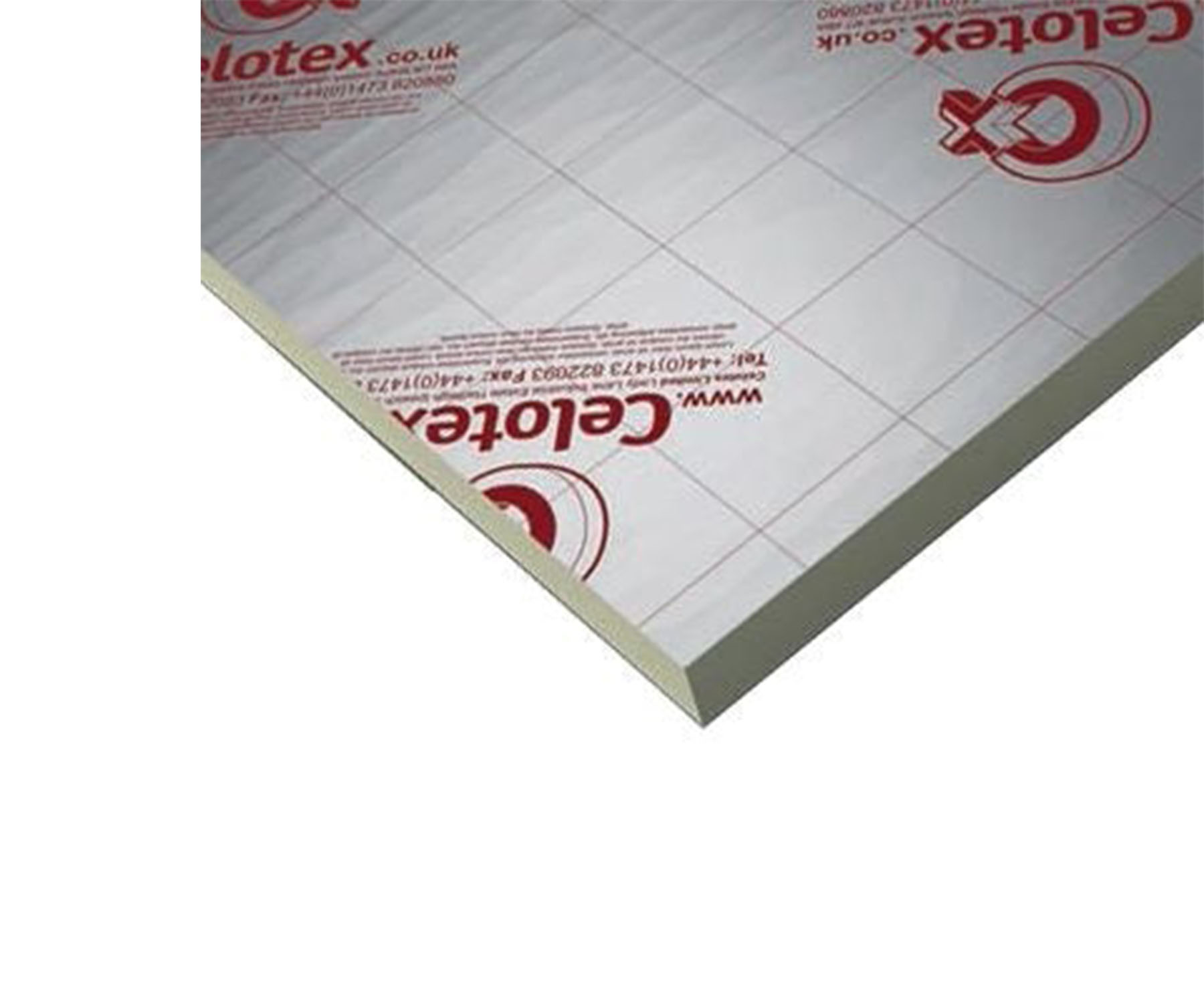 The corner of a single sheet of Celotex insulation board.