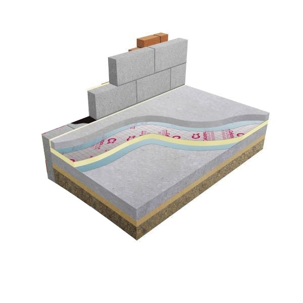 A dissected 3D render of insulation below a concrete floor.